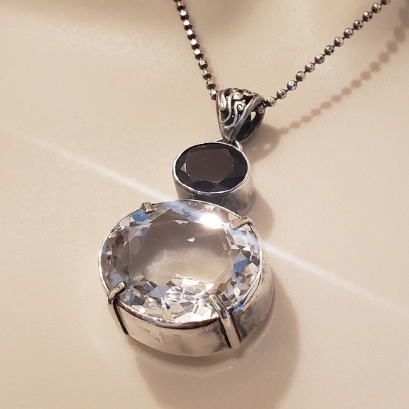 Jewelry - 925 Silver Chunky Pendant & Silver Chain-Clear Quartz/Garnet?